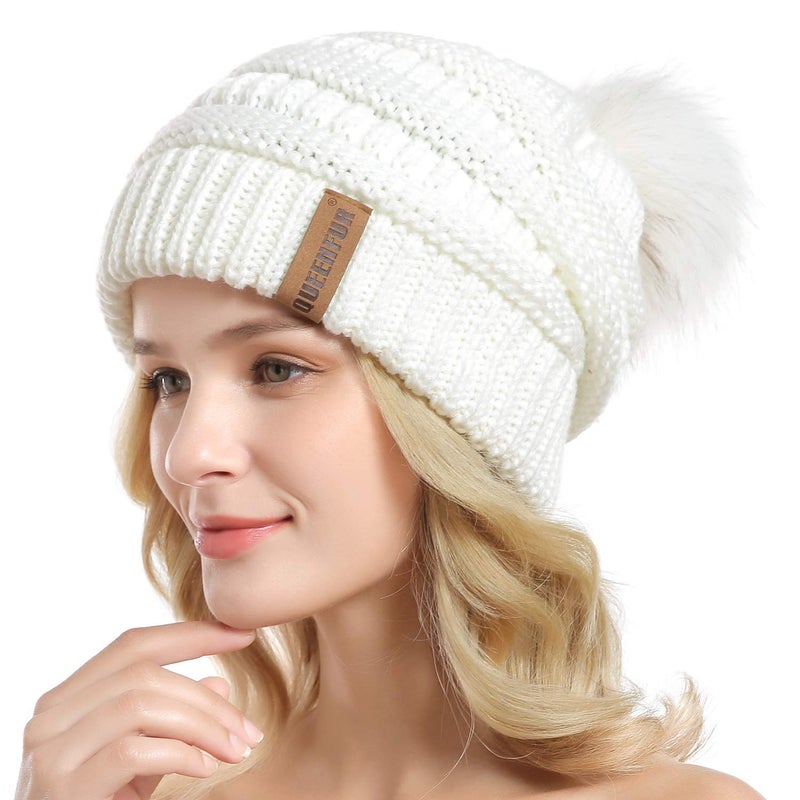 QUEENFUR Women Knit Slouchy Beanie Chunky Baggy Hat with Faux Fur Pompom Winter Soft Warm Ski Cap - Image 2